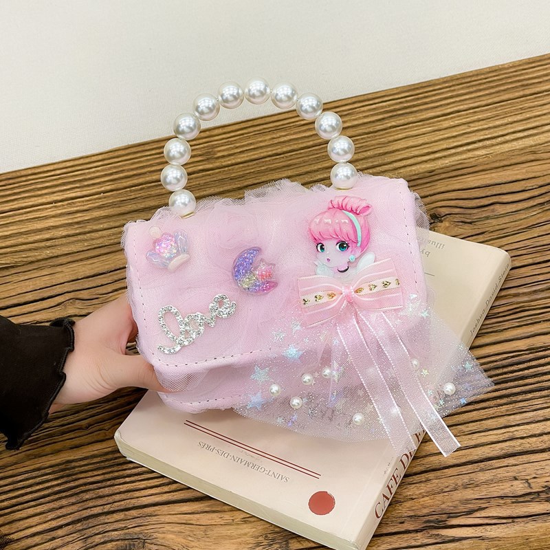 New children's bags: cartoon princess pearl handbag, cute bow, girls' single-shoulder crossbody bag, coin purse details Picture