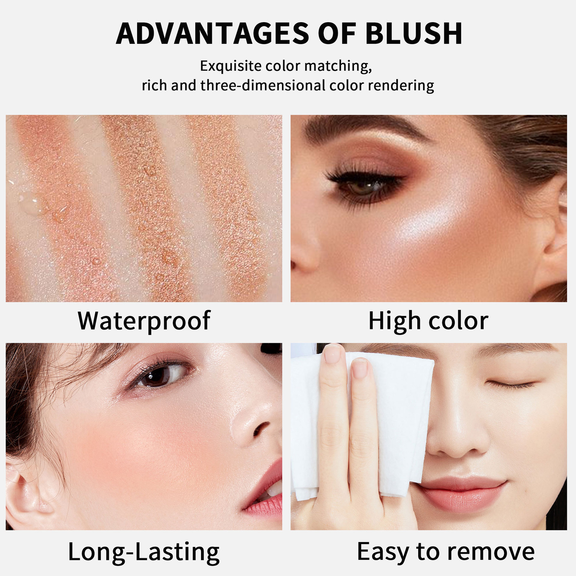 Cross-border beauty high-gloss six-color blush naturally brightens, three-dimensional contouring, long-lasting, waterproof and sweat-proof, all in one Specification drawing