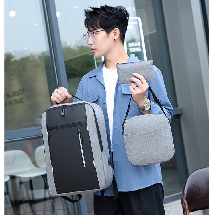 Backpack, three-piece set, school bag, men's bag, chest bag, backpack, business USB charging, multi-functional computer bag details Picture