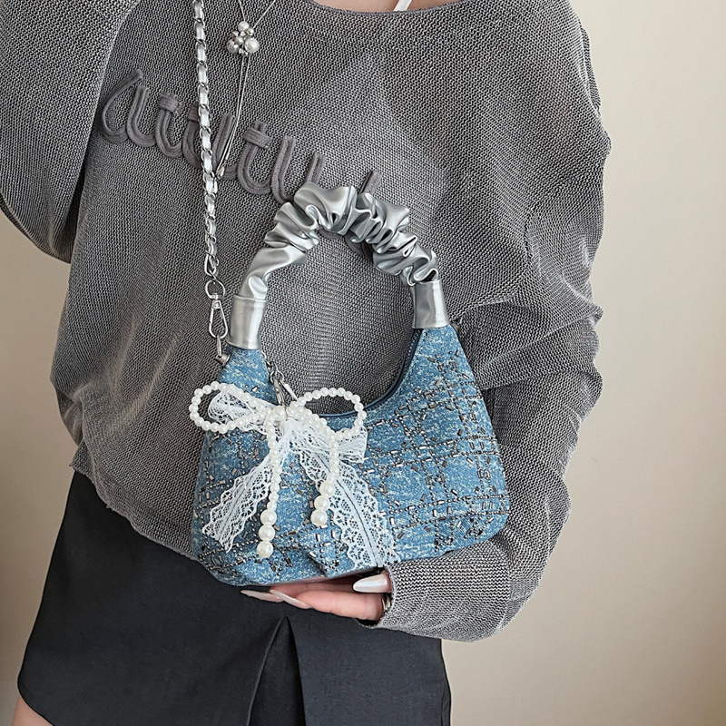 Summer handbag, women's hand-held underarm pillow bag, 2025 new diamond-patterned diamond denim blue single-shoulder fashionable crossbody bag Specification drawing