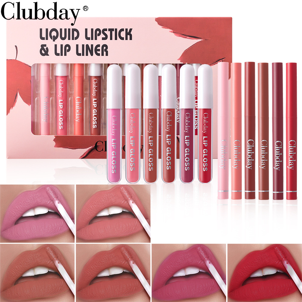 Clubday Long-lasting Velvet Matte Lip Gloss and frosted Outlining Lip Pen 6+6 Set, easy-to-Apply lipstick pen full figure