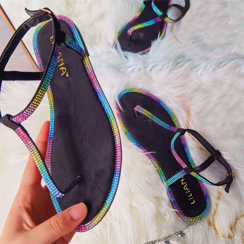 2020 Cross-border independent foreign trade station's colorful rhinestone sandals, large-sized outerwear women's shoes with toe splints from Europe and America, size 43 wholesale details Picture