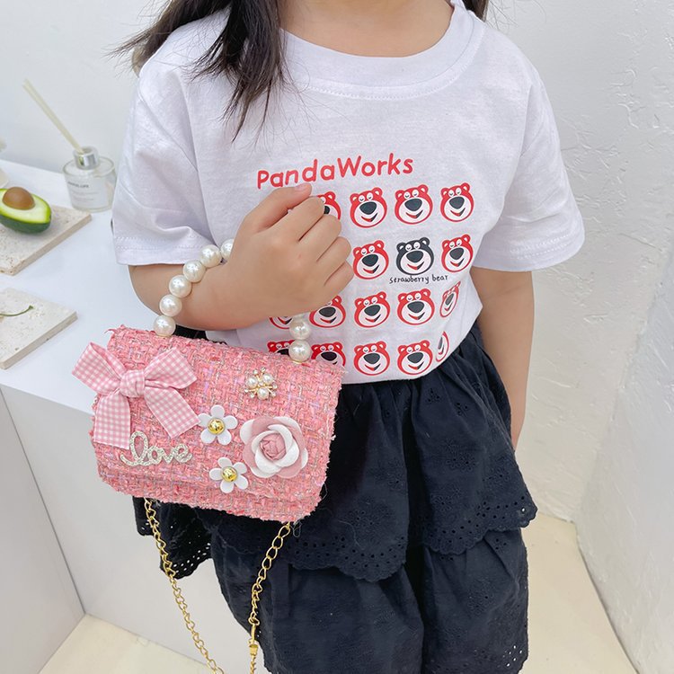 2024 New Korean version pearl children's handbag, bow princess single-shoulder crossbody bag, accessories, small square bag with loose change Specification drawing