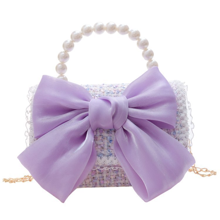 2024 New Korean version pearl children's handbag, bow princess single-shoulder crossbody bag, accessories, small square bag with loose change Item Picture