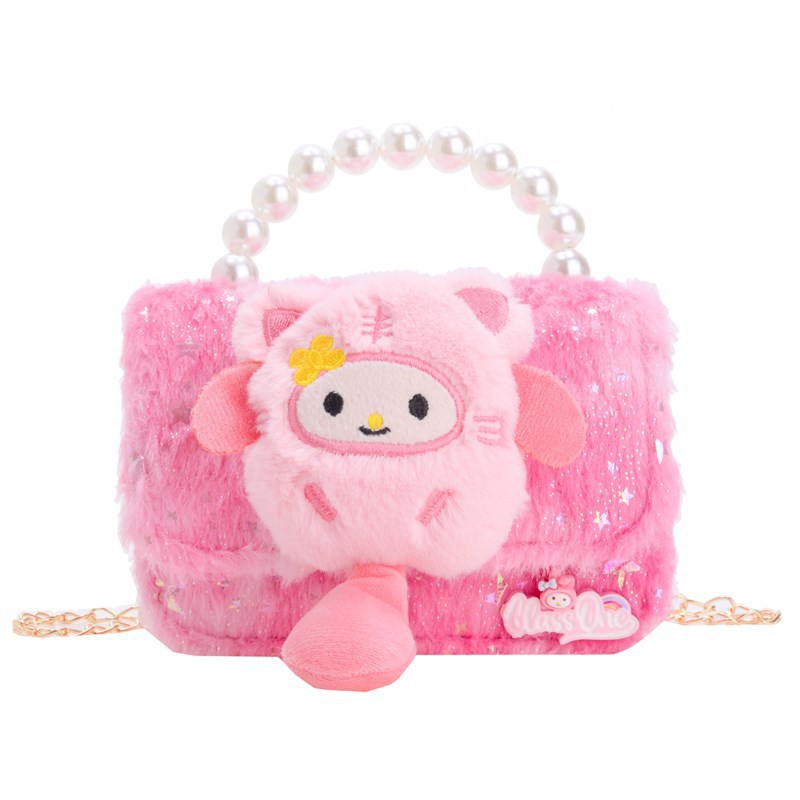 A cute and versatile children's bag, a new plush single-shoulder crossbody bag, a pearl handbag for kindergartens, accessories, and a coin purse Item Picture