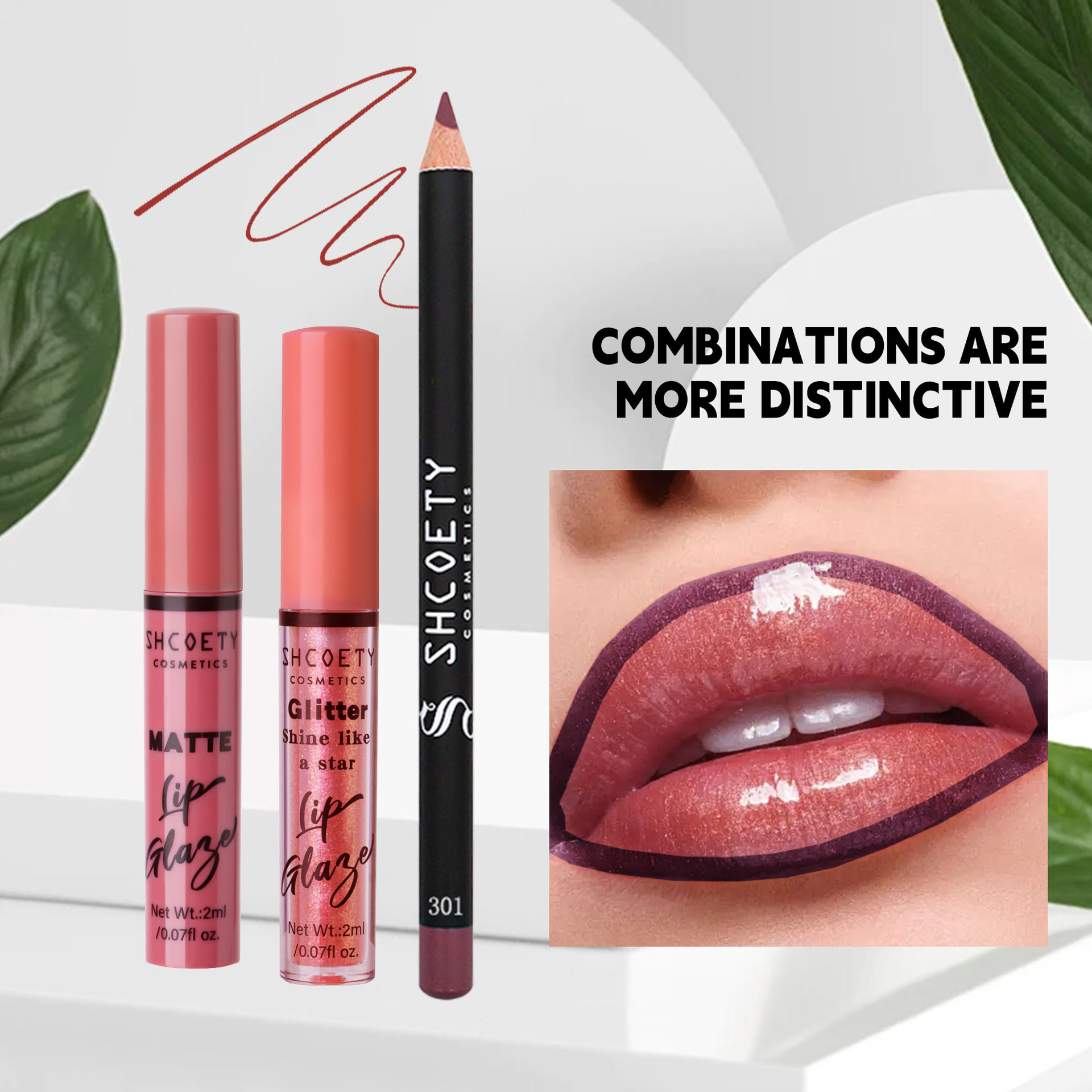 SHCOETY Cross-border Lipstick Set: Pearlescent Fine Sparkling Lip gloss, matte, waterproof, non-stick cup Lip gloss, Lip liner pen full figure