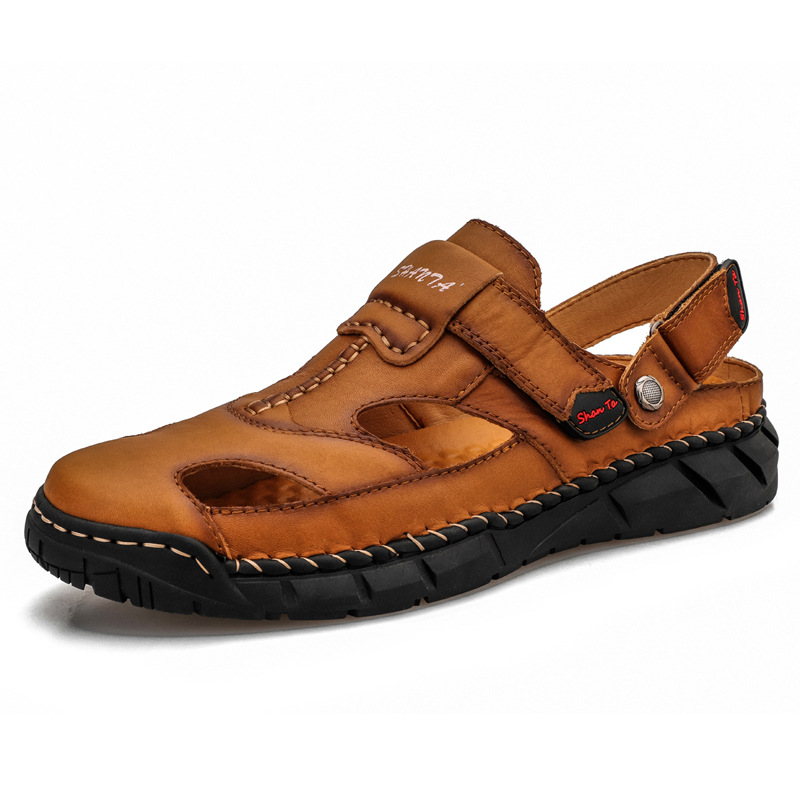 Cross-border large wharf layer cowhide sandals, men's genuine leather men's durable beach shoes, men's thick-soled anti-slip shoes, men's flip-flops full figure