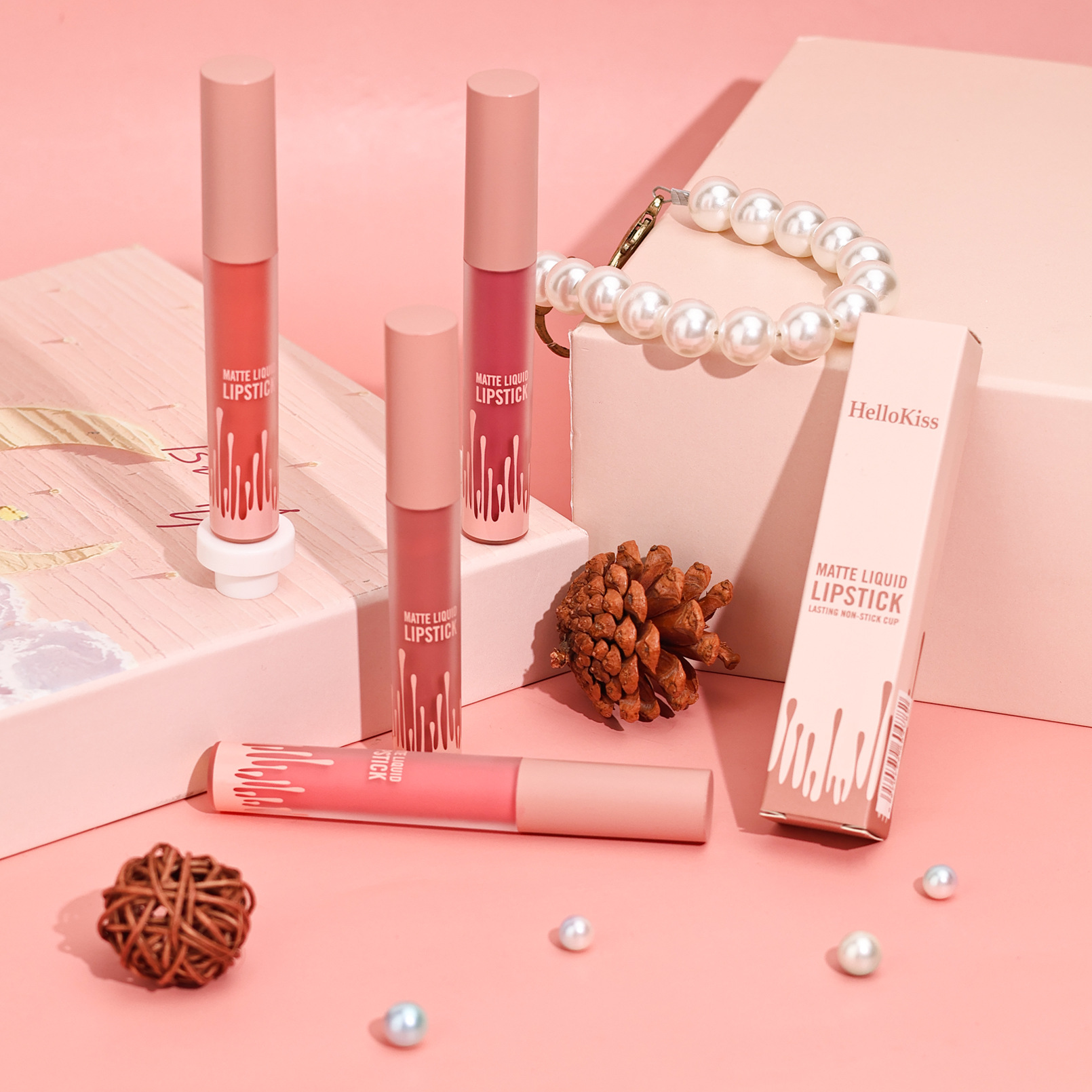 HelloKiss natural color non-fading matte four-color lip gloss, cross-border nude matte non-stick cup lip gloss Specification drawing