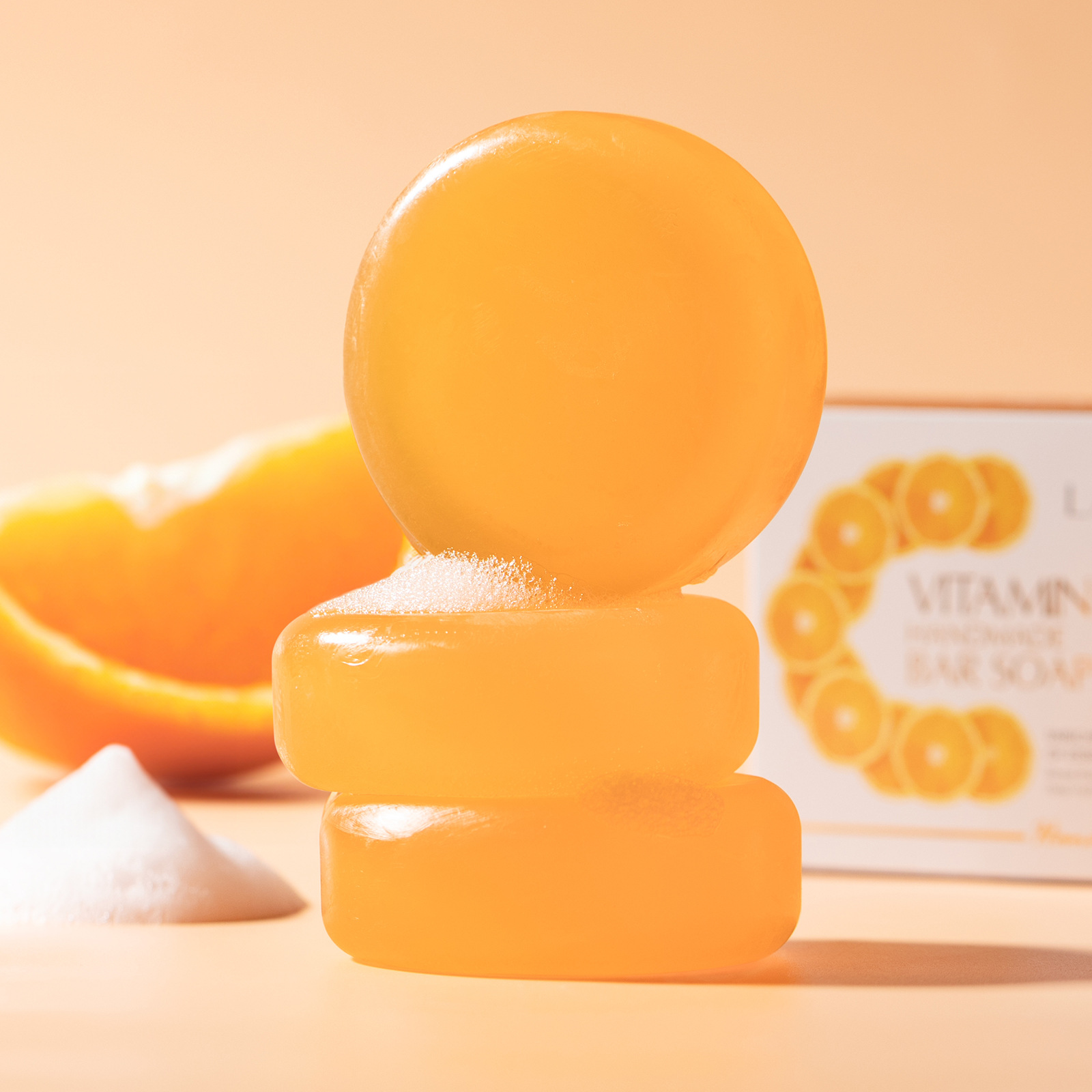 Cross-border LAIKOU Facial Cleansing Vitamin c Handmade Essential Oil Turmeric Soap, Export handmade soap, Gentle Bathing Cleansing English full figure