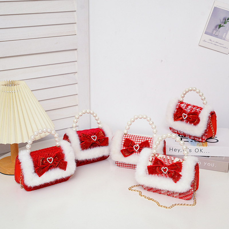 New Year children's bag, bow pearl hand-carry crossbody bag, Chanel-style New Year greeting bag, fashionable princess bag Specification drawing
