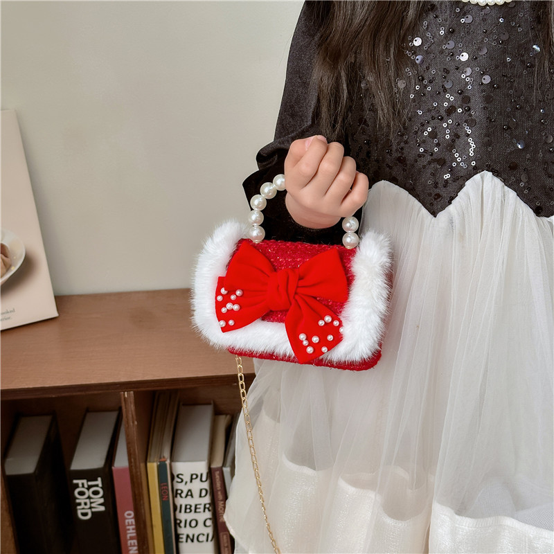 Red New Year's festive bow, woolen pearl hand-held children's princess accessory loose change bag details Picture