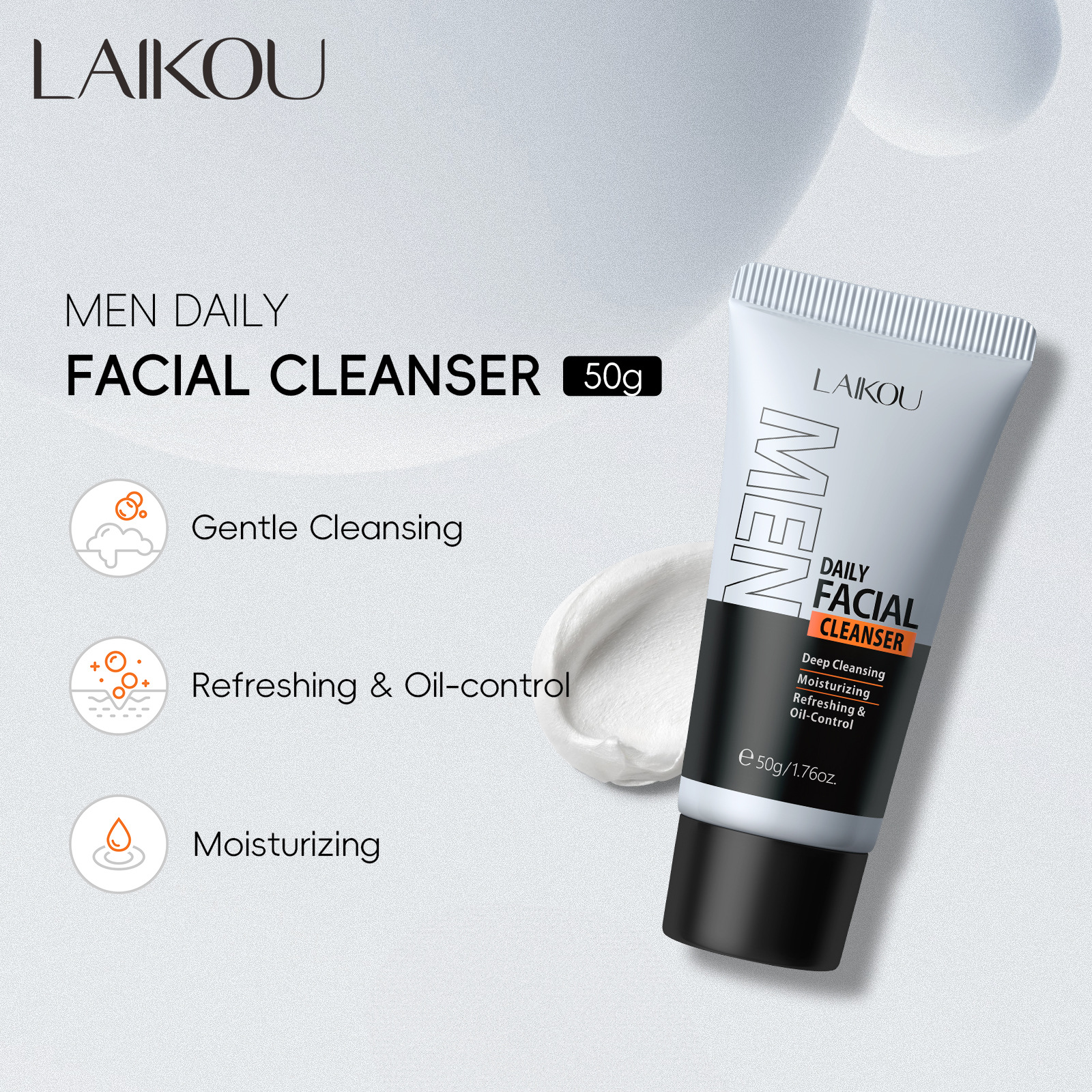 The new cross-border product LAIKOU Men's Facial Cleanser 50g refreshing facial Cleanser is in stock for facial cleansing, hydrating and moisturizing full figure