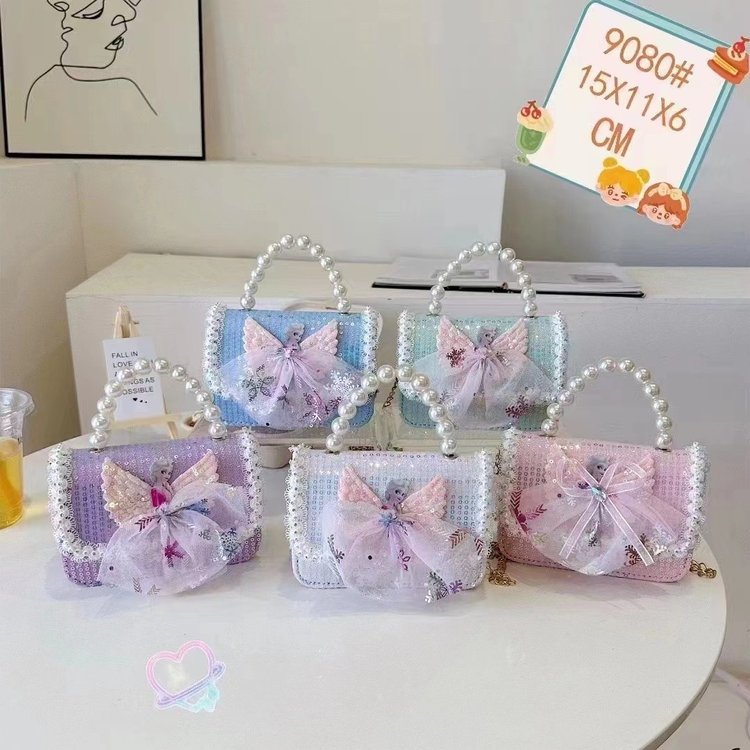 Children's bags, little girls, princesses, girls, single-shoulder crossbody bags, fashionable cartoon, cute chain pearl handbags details Picture