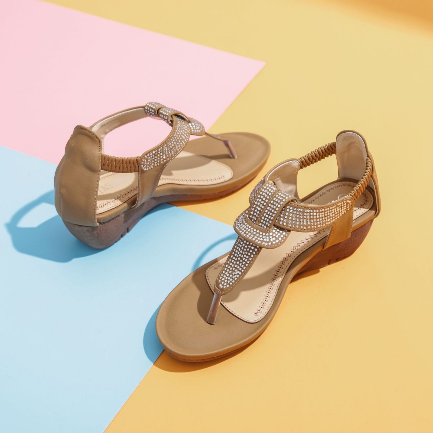 Cross-border women's shoes, Bohemian-style sparkling wedge sandals, women's round-toe clip-toe fashionable women's shoes, Yasun women's shoes details Picture