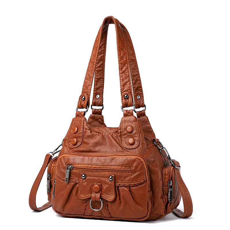 New cross-border washed leather women's bag, woven commuting bag, large-capacity handbag for women, soft leather single-shoulder bag with European and American style Item Picture