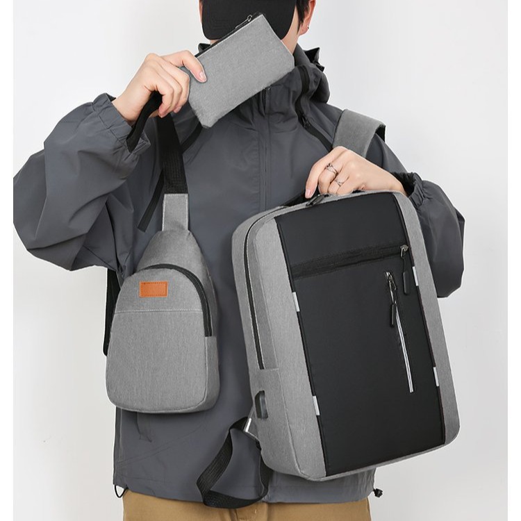 2024 Cross-border new three-piece set of backpacks: Large capacity, simple business computer bag, travel bag, and backpack full figure