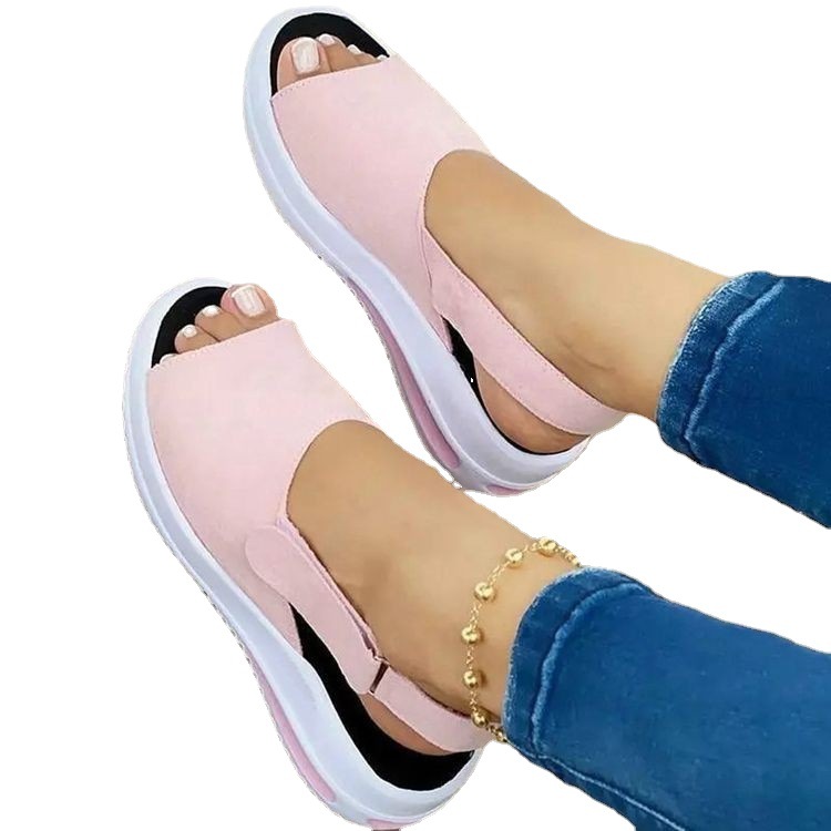 2021 Foreign trade new large-sized fish-mouth wedge heel shoes for women, thick-soled beach Velcro sandals in solid color, light opening single shoes for women Item Picture