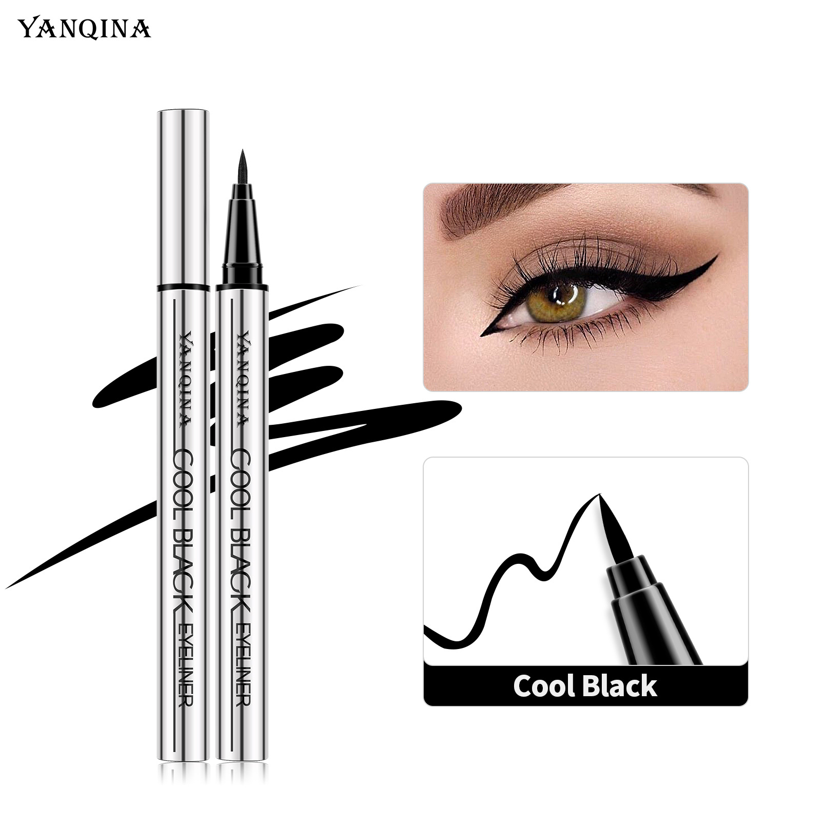 YANQINA Black smooth silver tube eyeliner pen dries quickly, is waterproof and sweat-proof, and does not smudge. It is an extremely fine eyeliner liquid pen for makeup details Picture