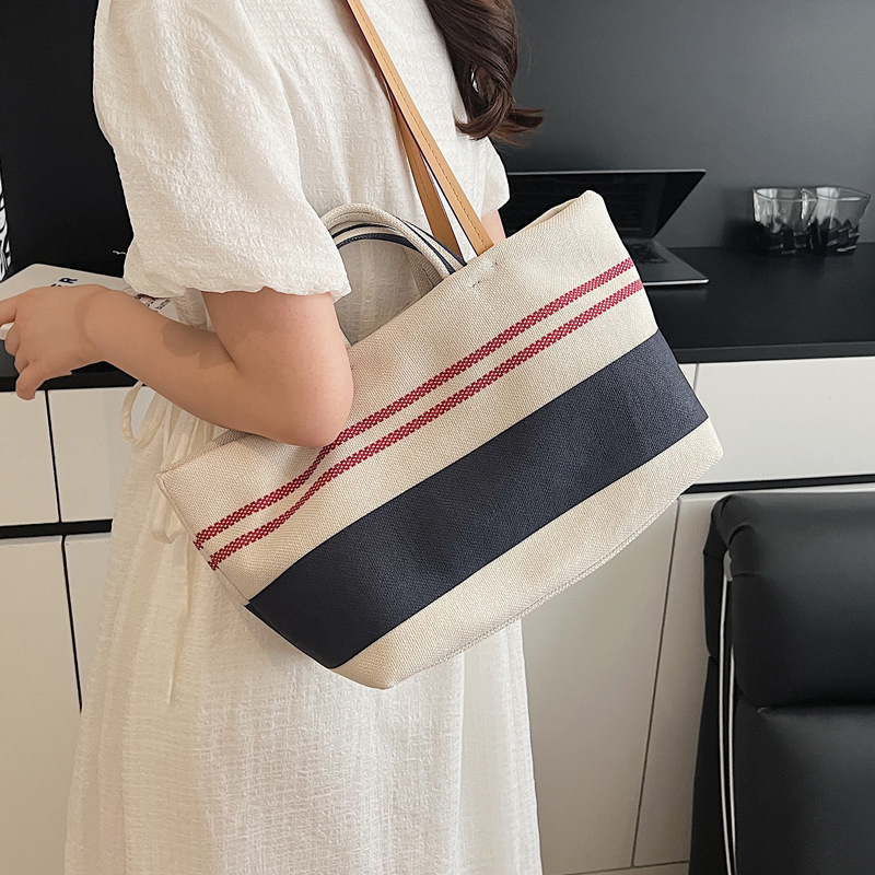 2025 Summer new beach bag shopping bag, hand-held laid-back style, fashionable and simple woven fabric bag, single-shoulder tote bag Specification drawing