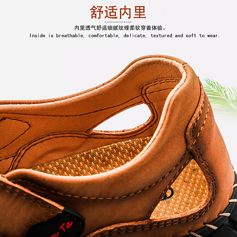 First-layer cowhide sandals for men, new style beach shoes, breathable casual outdoor shoes, one-piece delivery, cross-border large-sized men's slippers details Picture
