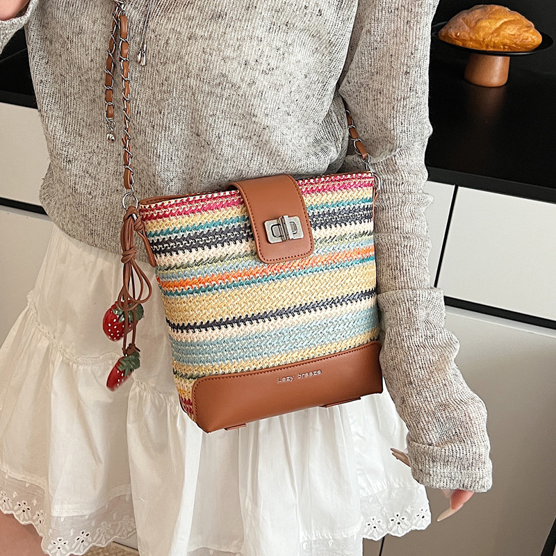 Seaside vacation beach rainbow woven bag for women 2025 Summer New style fashionable, simple, casual and high-quality single-shoulder bucket bag details Picture