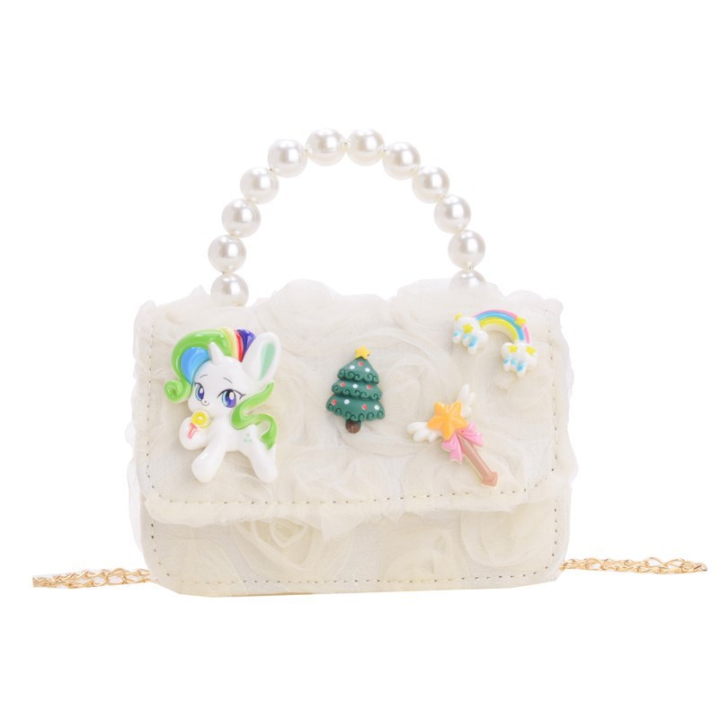 New children's bags: cartoon princess pearl handbag, cute bow, girls' single-shoulder crossbody bag, coin purse Item Picture