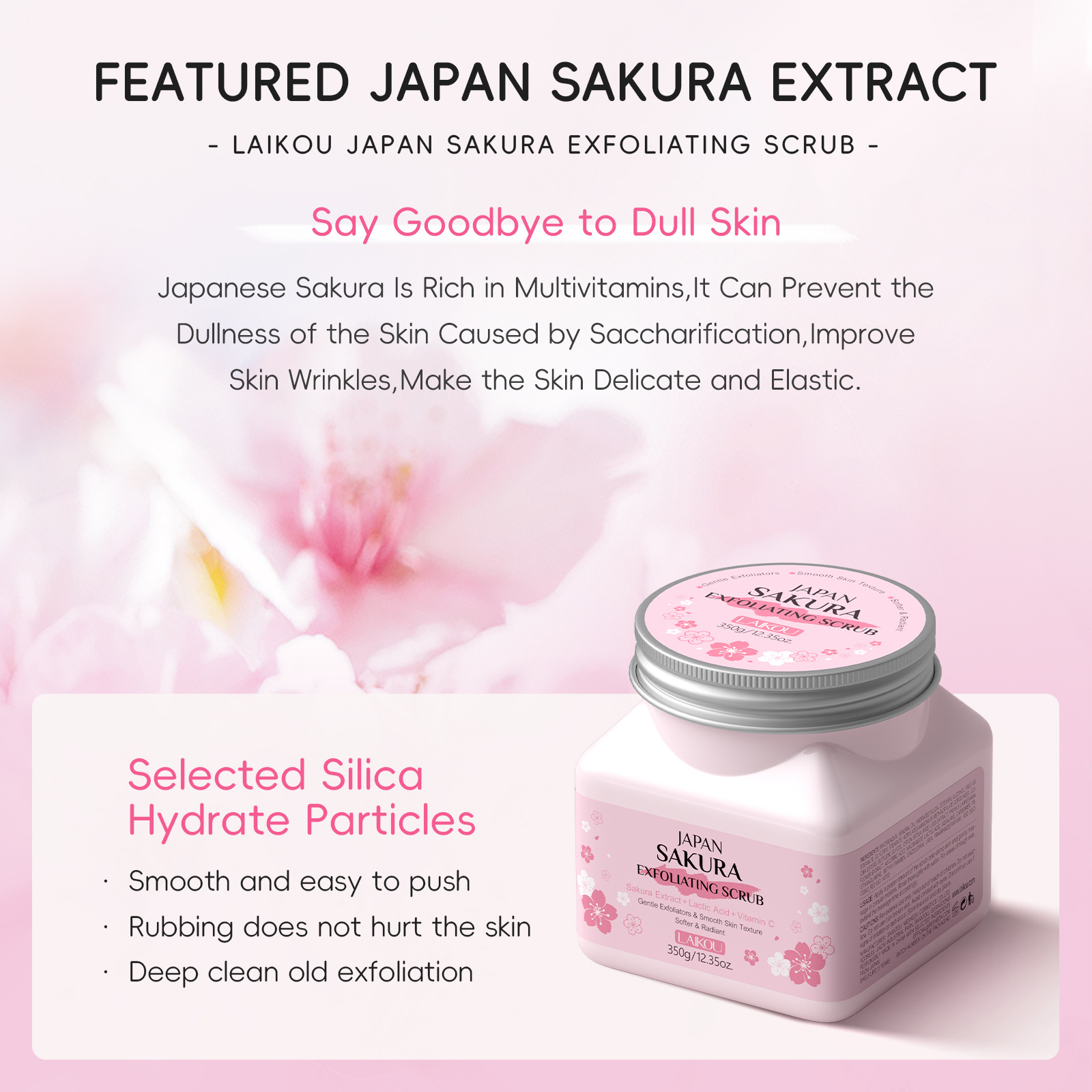 LAIKOU Cherry Blossom Scrub 350g, a new cross-border product, is available for cleansing and moisturizing the face, body and whole body. It is in stock from the manufacturer Application Scenario