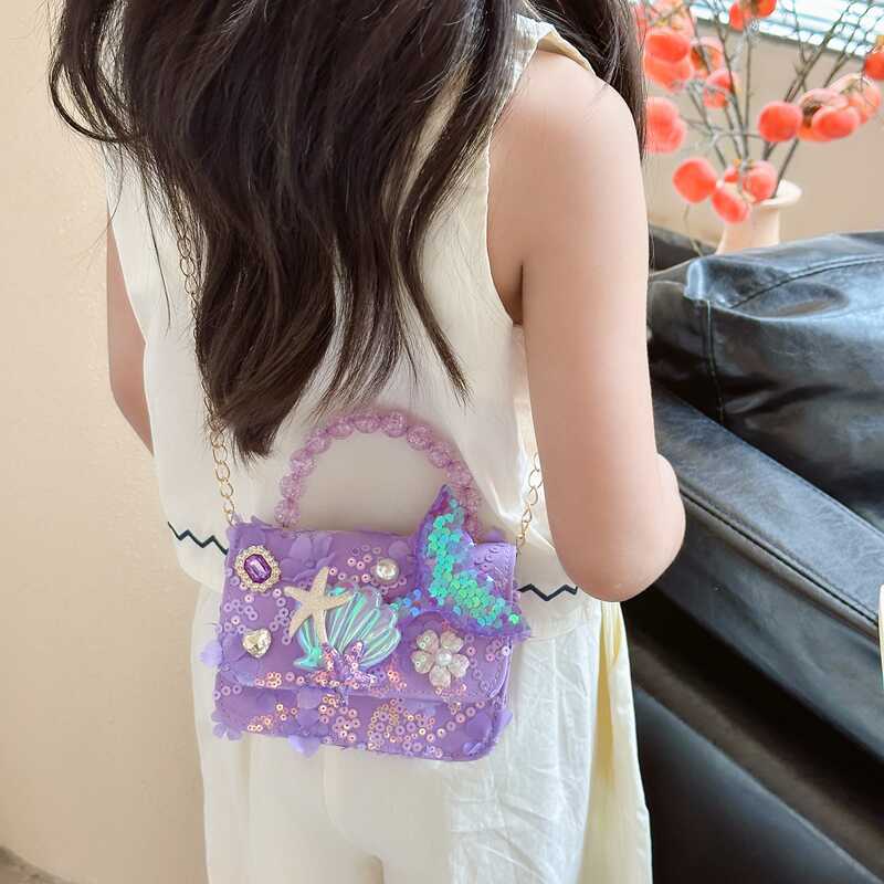 2024 New children's single-shoulder crossbody bag, princess handbag, mermaid, fashionable and stylish pearl bag full figure