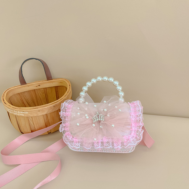 New children's bags: girls' single-shoulder bag, cute princess pearl handbag, bow lace crossbody bag, small square bag details Picture