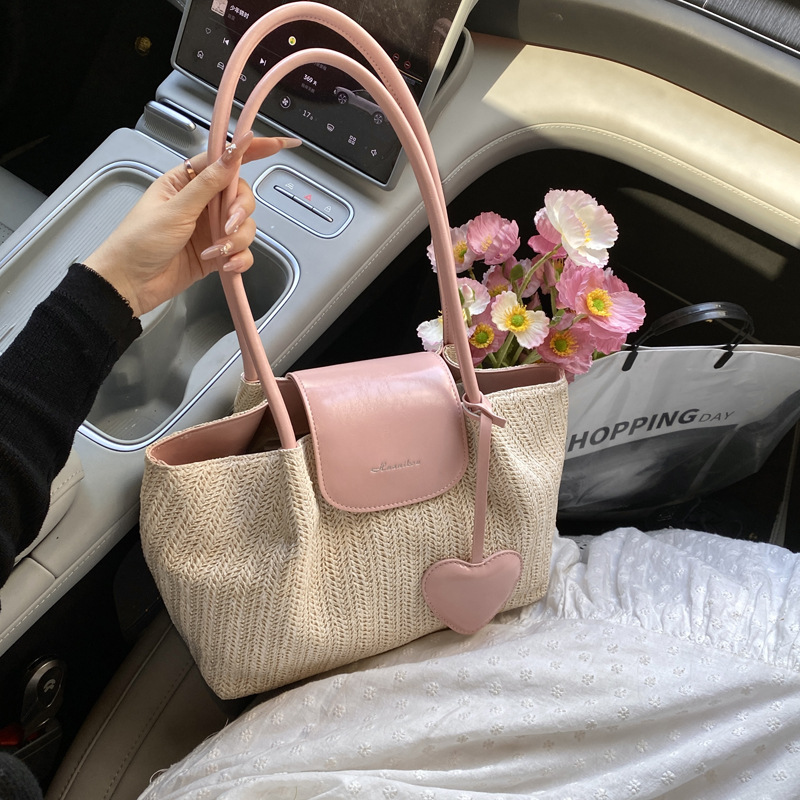 French niche straw woven large-capacity tote bag for women 2025 summer casual vacation beach woven single-shoulder bag trend full figure