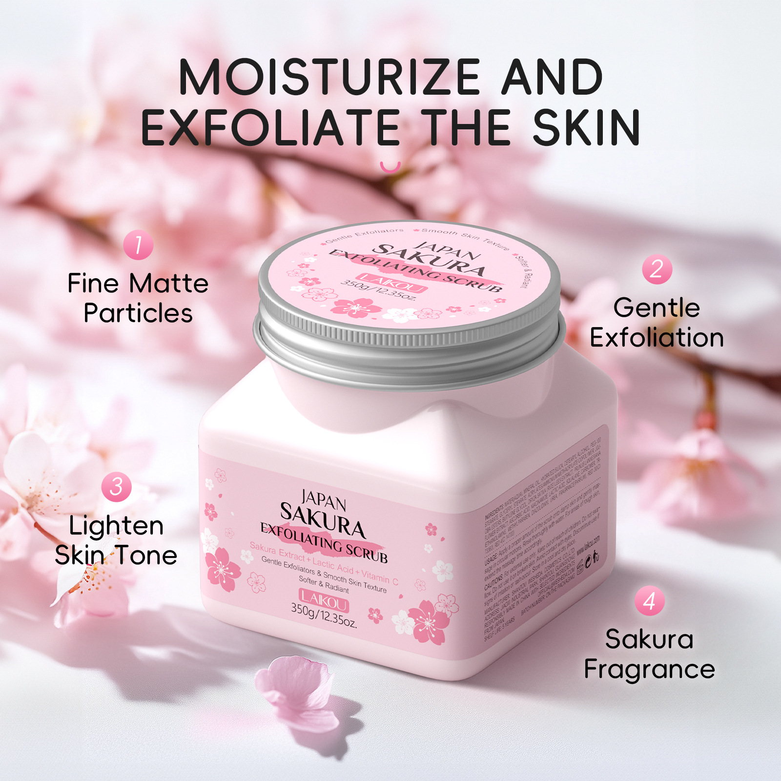 LAIKOU Cherry Blossom Scrub 350g, a new cross-border product, is available for cleansing and moisturizing the face, body and whole body. It is in stock from the manufacturer Specification drawing