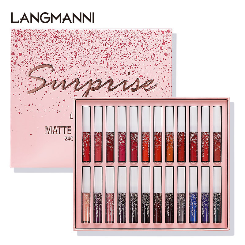 Langmanni 24-piece lip gloss set Matte water-resistant and non-stick cup lip gloss set full figure