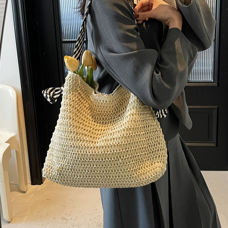 Summer large-capacity straw woven bag for women, 2025 new style seaside and beach vacation single-shoulder bag, commuter tote bucket bag Specification drawing