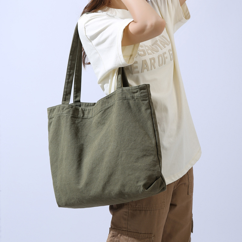 Casual, simple, large-capacity canvas bag, women's single-shoulder bag, retro solid-color tote bag, commuting bag, college student class bag details Picture