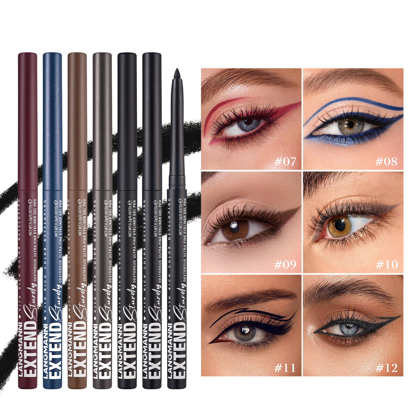 LANGMANNI 12-color Eyeliner Pen Set fang Water Rotating Eyeliner Gel Pen Specification drawing