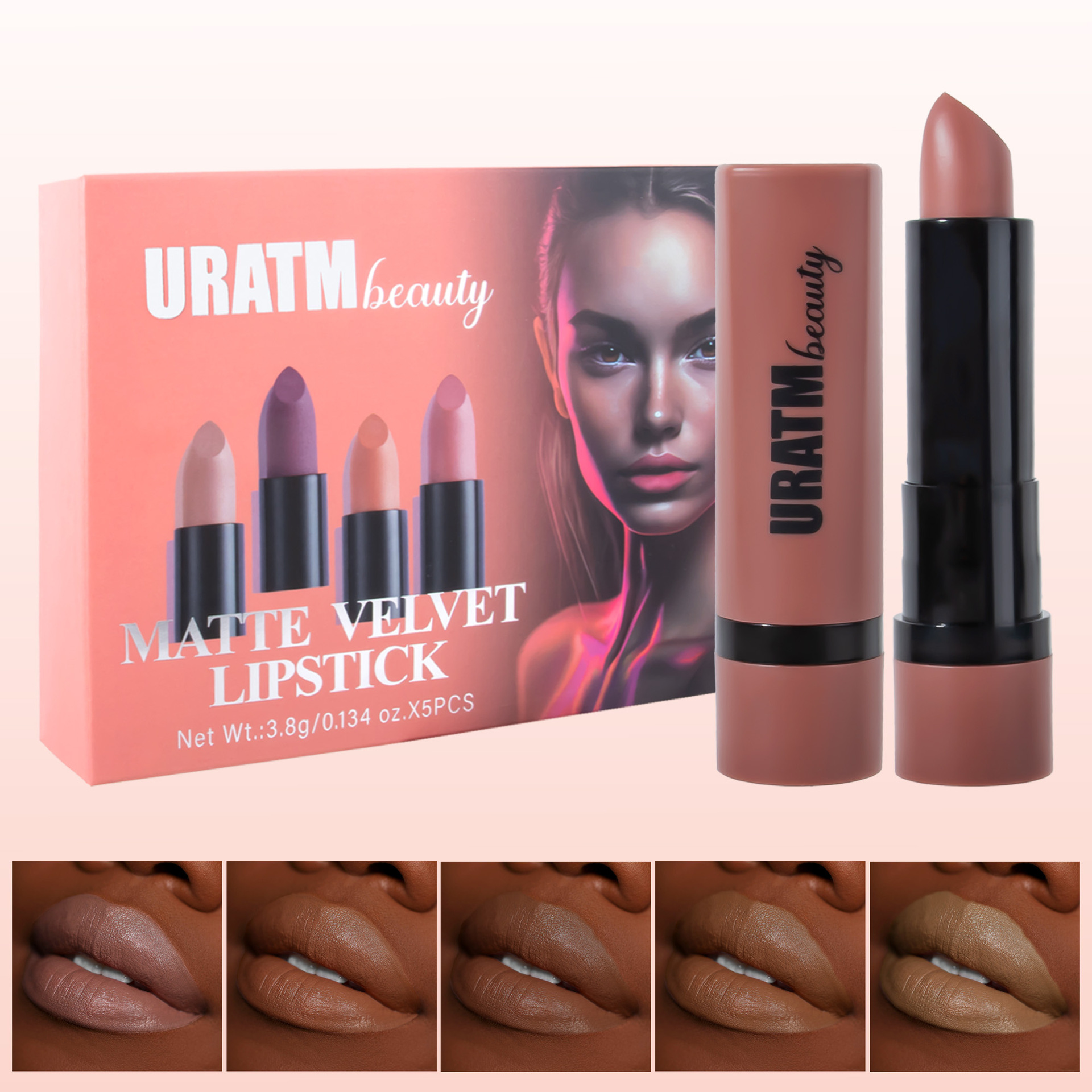 Cross-border makeup 5-color matte nude lipstick set, non-stick to cups, waterproof and non-fading lipstick, easy to apply lip gloss full figure