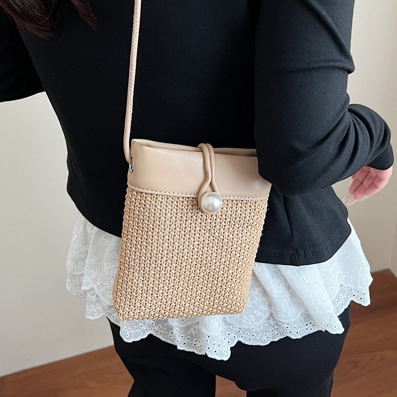 Retro patchwork woven mobile phone bag for women 2025 new summer fashion commuting single-shoulder crossbody pearl bucket bag Specification drawing