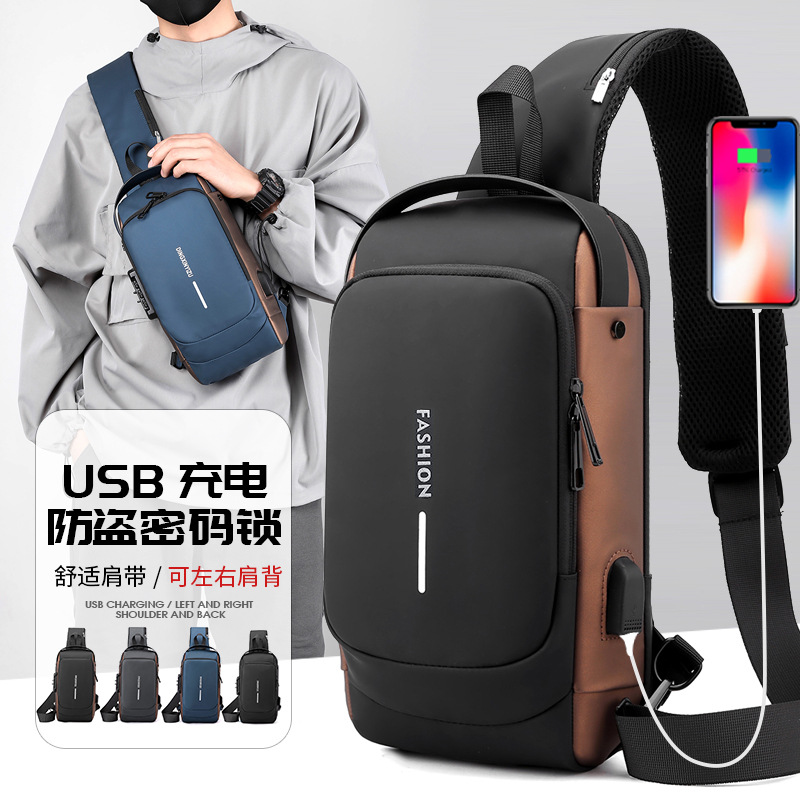 Men's crossbody bag, waist bag with a high-end feel, combination lock, men's chest bag, USB charging, versatile men's bag, outdoor travel bag full figure