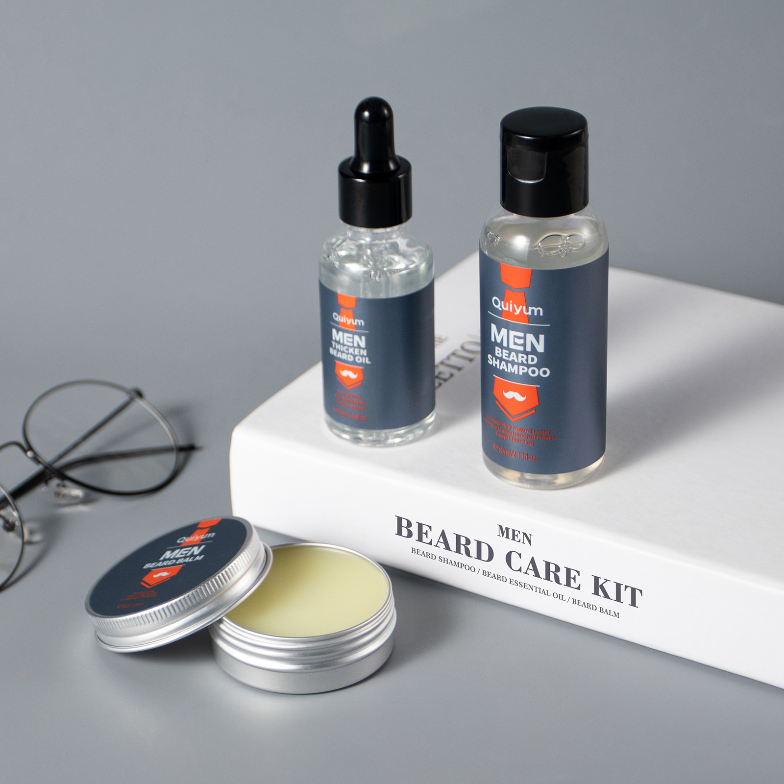 Cross-border QUIYUM men's beard Care Set 3-piece set, men's skincare set box 1-piece consignment, in stock Specification drawing