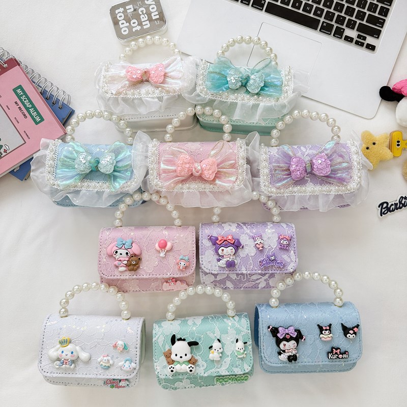 New 2024 popular children's crossbody bags, girls' bags, fashionable pearl bags, lace bows, children's skirts and matching bags full figure