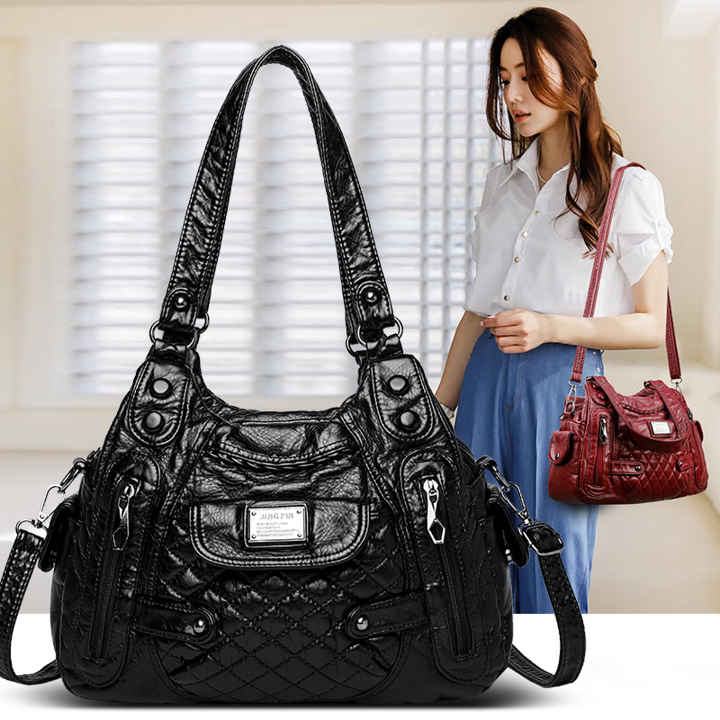 2023 New Mom Bag, washed leather casual commuting bag, women's large-capacity handbag, European and American style soft leather single-shoulder bag full figure