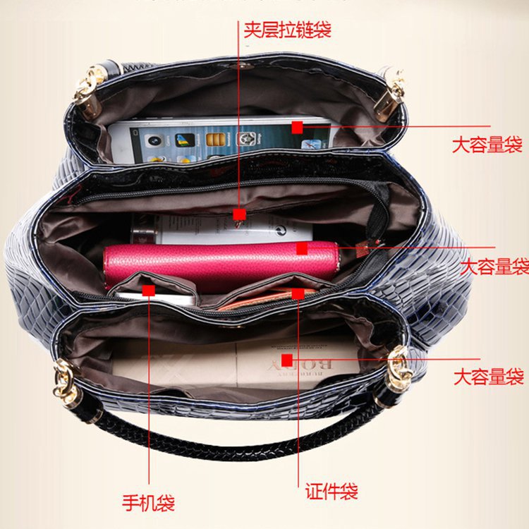 New European and American crocodile-patterned women's bags, trendy handbags, patent leather single-shoulder bags, crossbody bags, cross-border one-piece delivery worldwide Item Picture