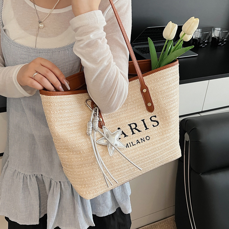 Summer striped woven large-capacity tote bag 2025 New style fashionable and trendy Korean style simple and elegant casual single-shoulder bag Specification drawing