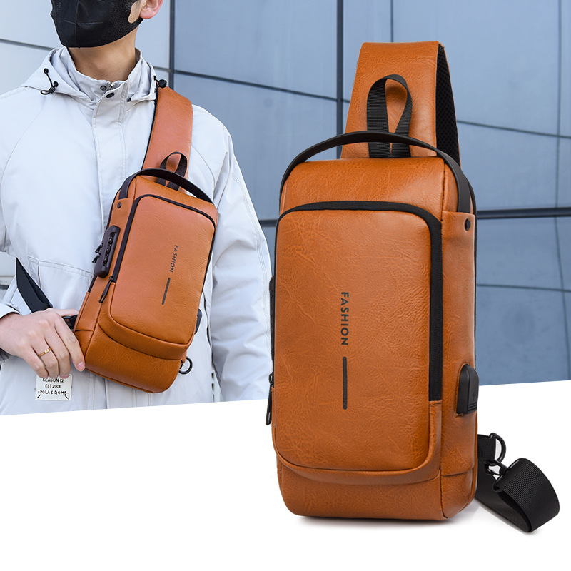 New men's crossbody bag, chest bag, leather bag, shoulder bag, sports mini backpack, multi-functional men's bag, combination lock, cross-border Specification drawing