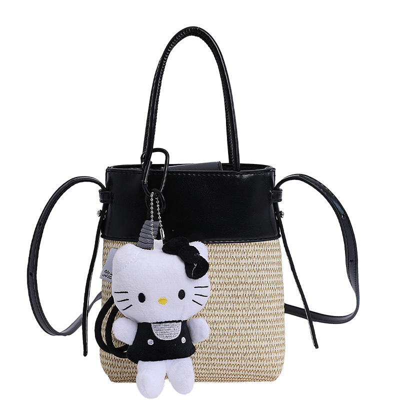 Korean style simple and fashionable woven mobile phone bag for women 2025 summer new seaside vacation crossbody straw woven bucket bag Item Picture