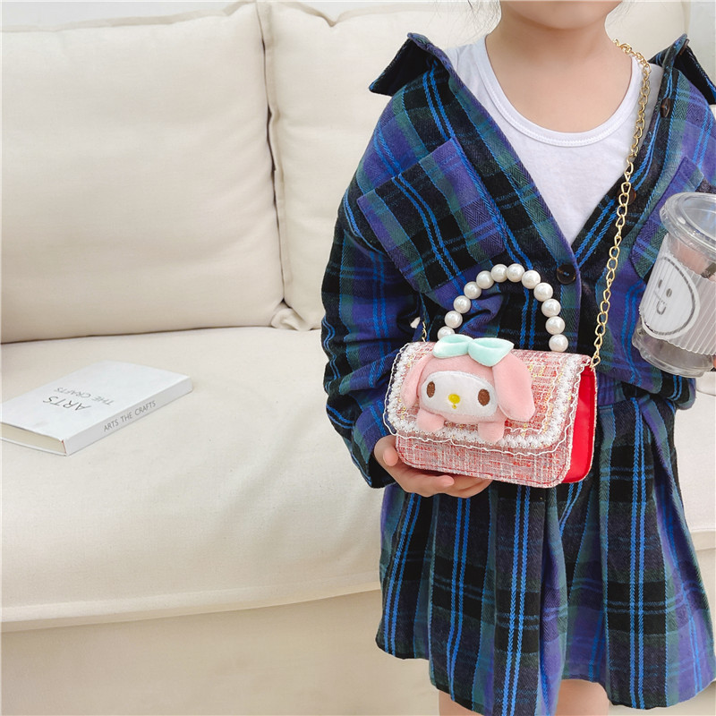 New pearl handbag, cotton and linen children's single-shoulder bag, mini square, trendy and versatile girls' chain, princess coin purse Specification drawing