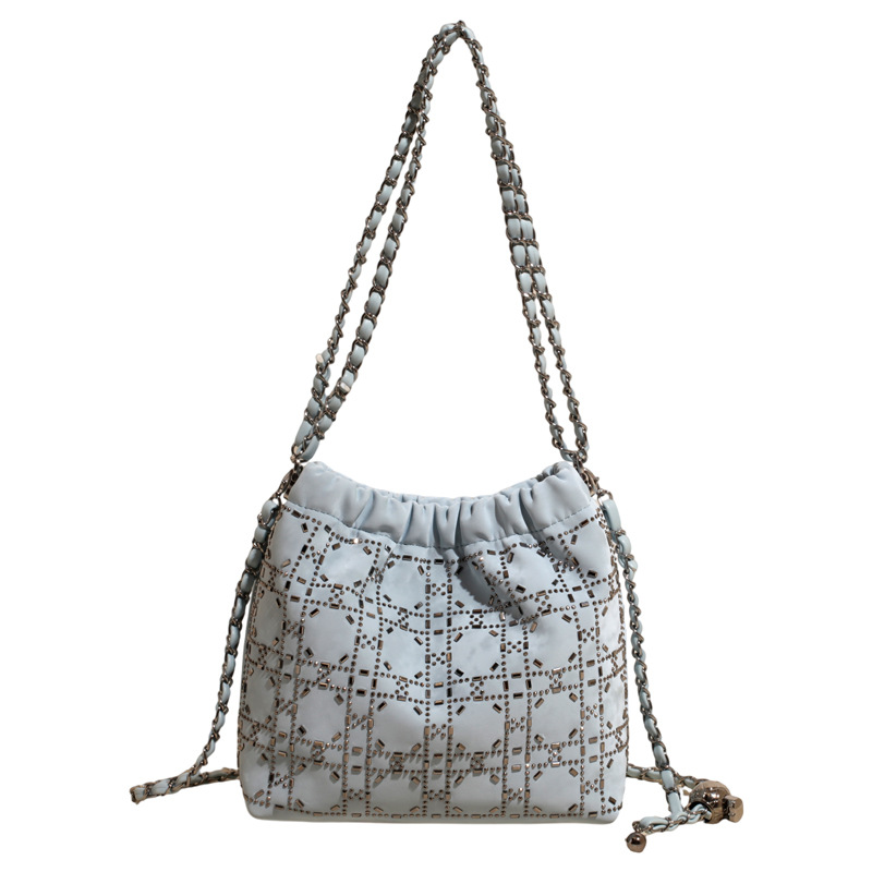 Pleated underarm small bag for women, 2025 new style fashionable denim bright diamond bucket bag, summer versatile chain crossbody bag Item Picture