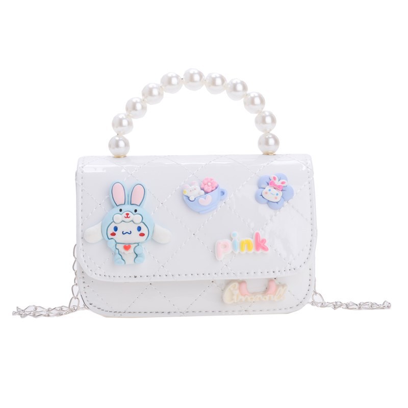 Children's bags, girls' fashionable chain crossbody bags, cute cartoon single-shoulder bags, shiny pearl handbags, small square bags Item Picture