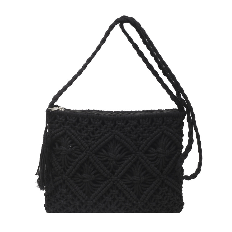 2025 Summer New Korean version forest-style handcrafted cotton rope tassel woven bag, single-shoulder straw woven bag, casual crossbody women's bag Item Picture