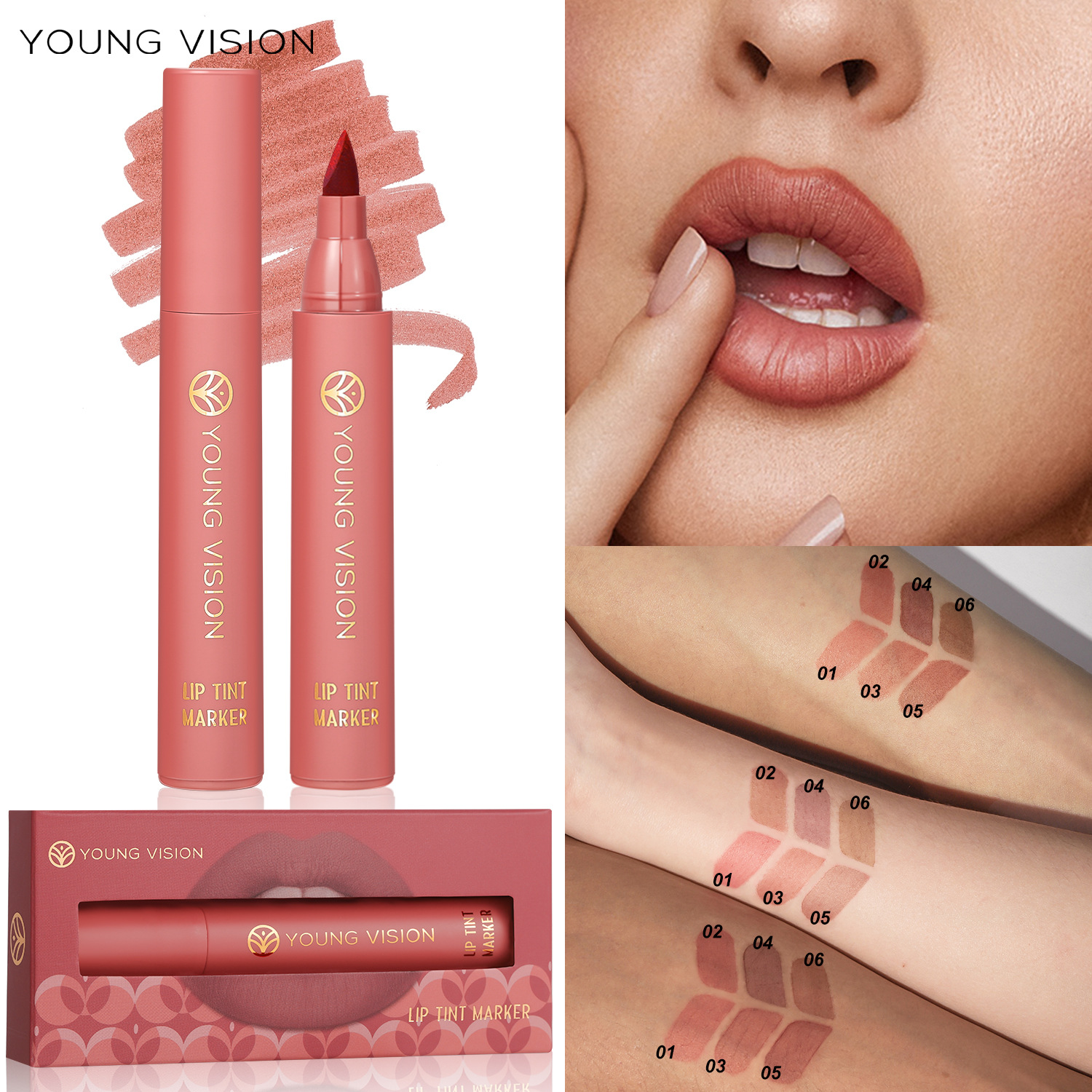 YOUNG VISION Lip Dye Pen 3-color lipstick water set Lip liner pen Matte non-stick cup Lip dye Specification drawing